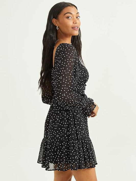 Altar’d State Long Sleeve Polka-Dot Dress – Black & White, Scoop Neck Mini Dress
