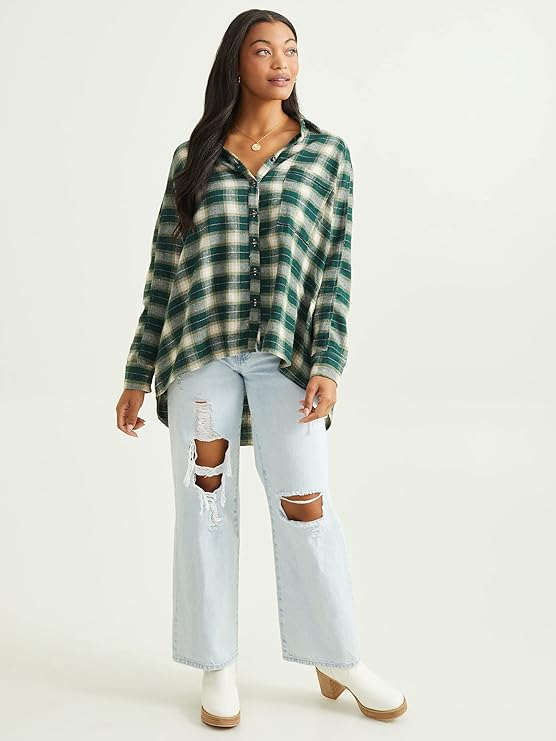 Altar’d State Women’s Oversized Button-Up Flannel Shirt – Green, Long-Sleeve Plaid Collared Shirt