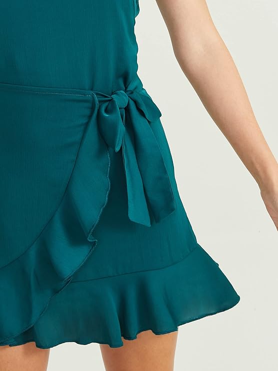 Altar’d State Women’s Sleeveless Satin Wrap Dress – Deep Teal, Adjustable Tie Waist