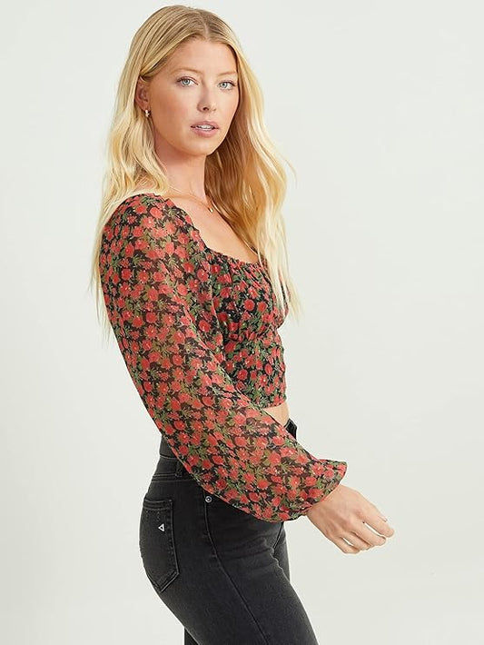 Altar’d State Margot Long Sleeve Floral Square Neck Top – Black & Red