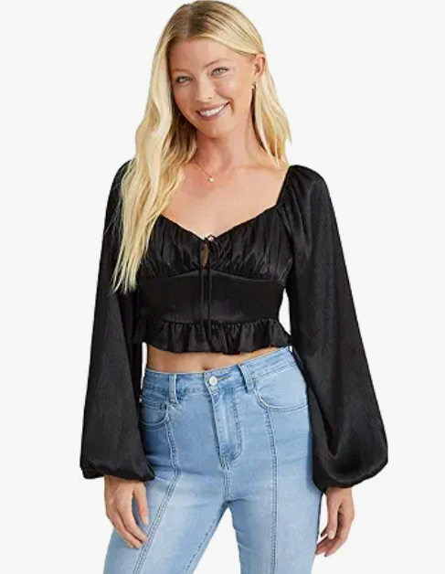 Altar’d State Grace Satin Long Sleeve Crop Top – Black