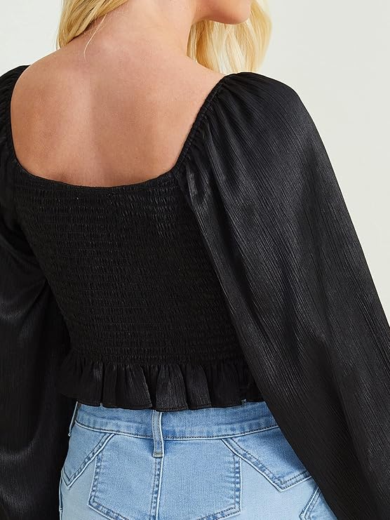 Altar’d State Grace Satin Long Sleeve Crop Top – Black