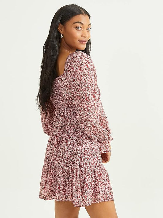 Altar’d State Long Sleeve Ruffle Floral Dress – Dark Red & White