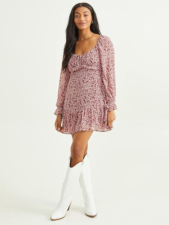 Altar’d State Long Sleeve Ruffle Floral Dress – Dark Red & White