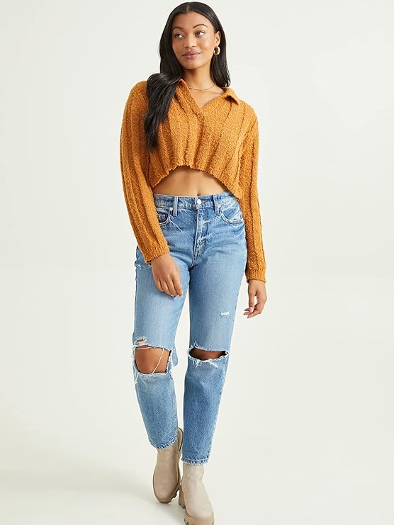 Altar’d State Long Sleeve Cropped Collared Sweater – Brown Sugar