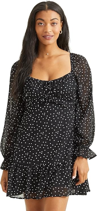 Altar’d State Long Sleeve Polka-Dot Dress – Black & White, Scoop Neck Mini Dress