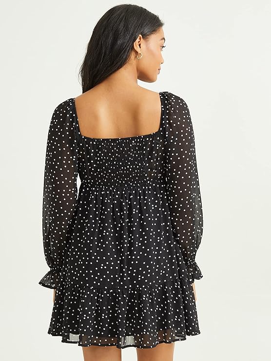 Altar’d State Long Sleeve Polka-Dot Dress – Black & White, Scoop Neck Mini Dress