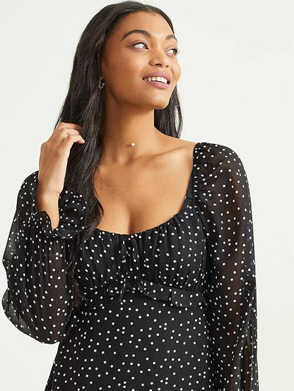 Altar’d State Long Sleeve Polka-Dot Dress – Black & White, Scoop Neck Mini Dress