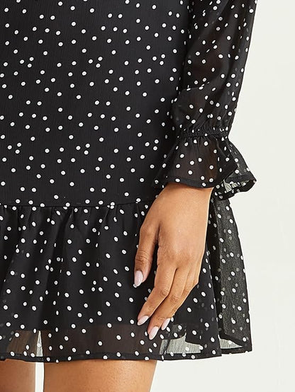 Altar’d State Long Sleeve Polka-Dot Dress – Black & White, Scoop Neck Mini Dress