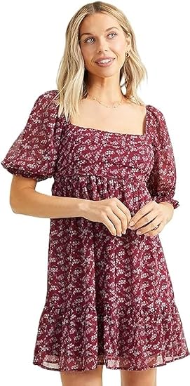 Altar’d State Short Sleeve Floral Dress – Burgundy Fit & Flare Square Neck Dress