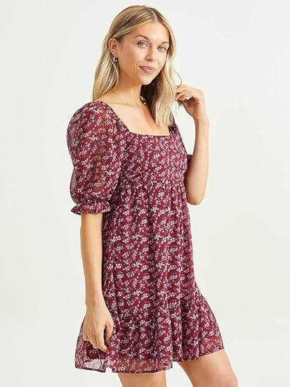 Altar’d State Short Sleeve Floral Dress – Burgundy Fit & Flare Square Neck Dress