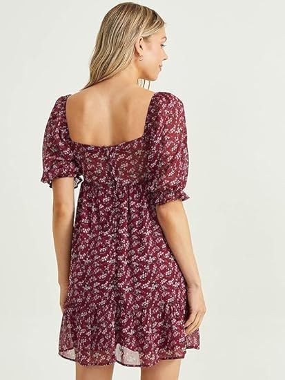 Altar’d State Short Sleeve Floral Dress – Burgundy Fit & Flare Square Neck Dress