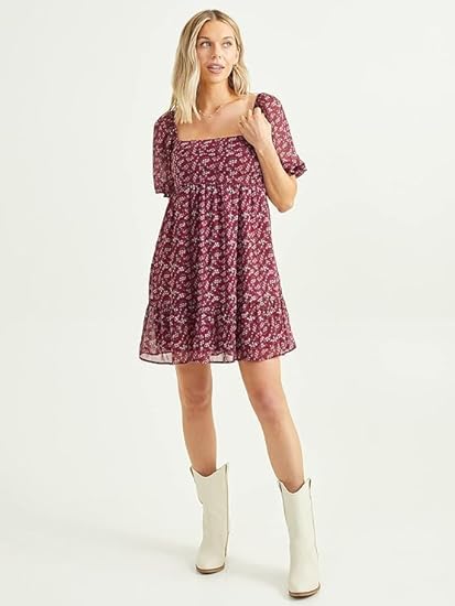 Altar’d State Short Sleeve Floral Dress – Burgundy Fit & Flare Square Neck Dress