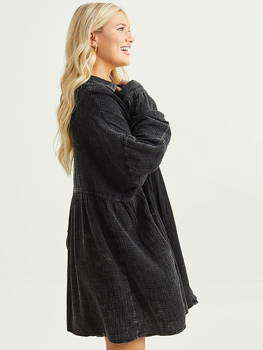 Altar’d State Black Oversized Long Sleeve Shirt Dress – Flowy, Soft, and Effortlessly Chic