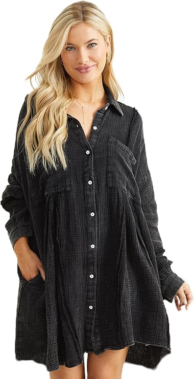 Altar’d State Black Oversized Long Sleeve Shirt Dress – Flowy, Soft, and Effortlessly Chic