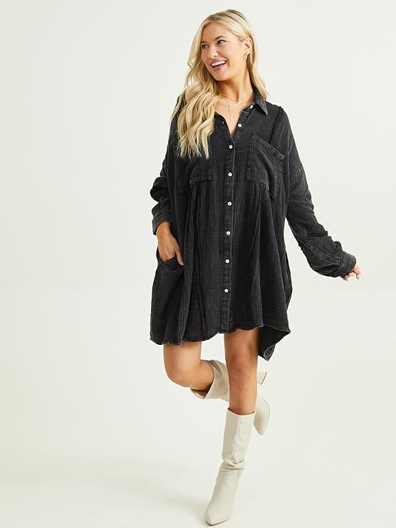 Altar’d State Black Oversized Long Sleeve Shirt Dress – Flowy, Soft, and Effortlessly Chic