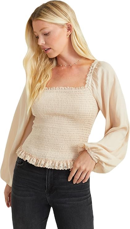 Altar’d State Satin Smocked Ruffle Lace Top – Luxurious Cream, Romantic Blouson Sleeve Blouse