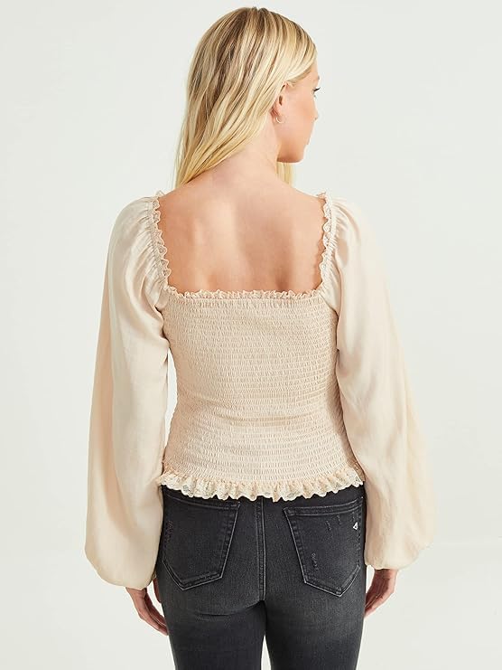 Altar’d State Satin Smocked Ruffle Lace Top – Luxurious Cream, Romantic Blouson Sleeve Blouse