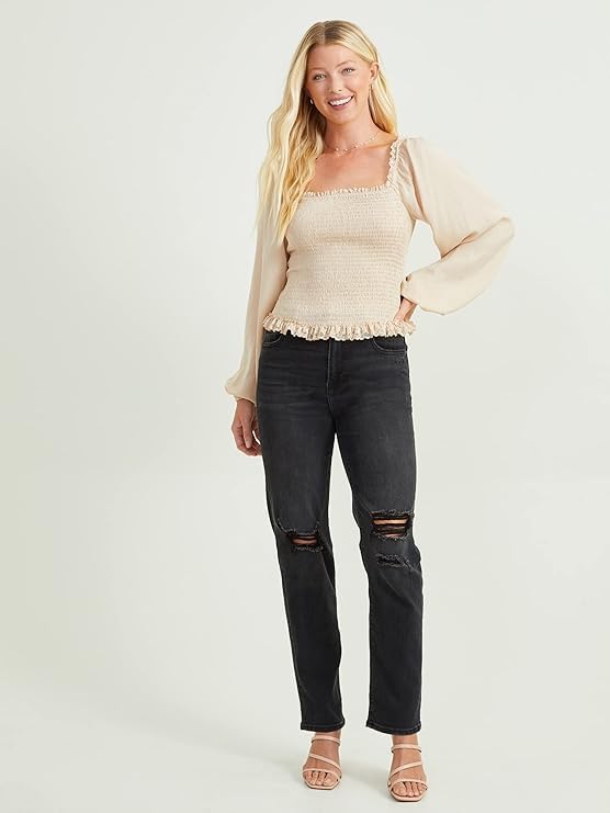 Altar’d State Satin Smocked Ruffle Lace Top – Luxurious Cream, Romantic Blouson Sleeve Blouse