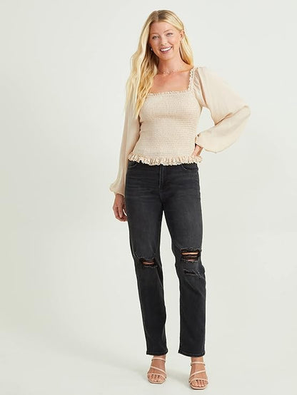 Altar’d State Satin Smocked Ruffle Lace Top – Luxurious Cream, Romantic Blouson Sleeve Blouse