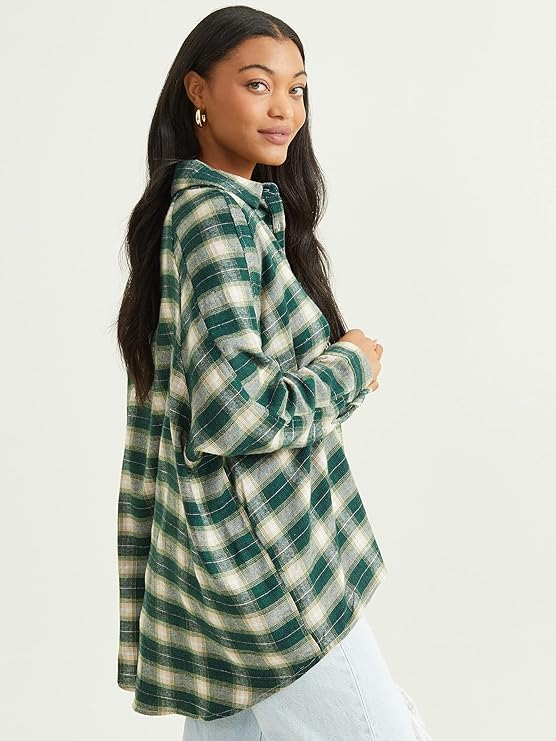 Altar’d State Women’s Oversized Button-Up Flannel Shirt – Green, Long-Sleeve Plaid Collared Shirt