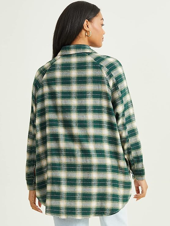 Altar’d State Women’s Oversized Button-Up Flannel Shirt – Green, Long-Sleeve Plaid Collared Shirt