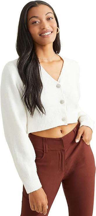 Altar’d State Women’s Long Sleeve Cropped Cardigan – Whip Cream, V-Neck Open Front & Jeweled Button Plush Knit Sweater
