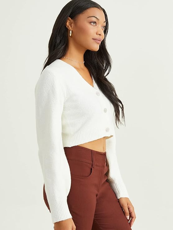 Altar’d State Women’s Long Sleeve Cropped Cardigan – Whip Cream, V-Neck Open Front & Jeweled Button Plush Knit Sweater