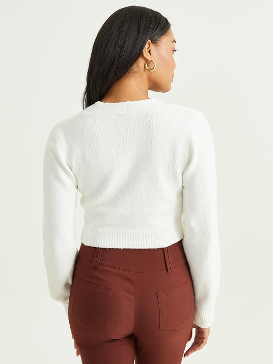 Altar’d State Women’s Long Sleeve Cropped Cardigan – Whip Cream, V-Neck Open Front & Jeweled Button Plush Knit Sweater