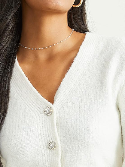 Altar’d State Women’s Long Sleeve Cropped Cardigan – Whip Cream, V-Neck Open Front & Jeweled Button Plush Knit Sweater