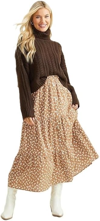 Altar’d State Double Floral Tiered Button Maxi Skirt – Earthy Brown, Elegant Flowy Maxi Skirt for Women