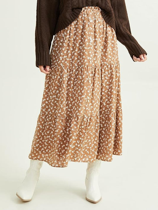 Altar’d State Double Floral Tiered Button Maxi Skirt – Earthy Brown, Elegant Flowy Maxi Skirt for Women