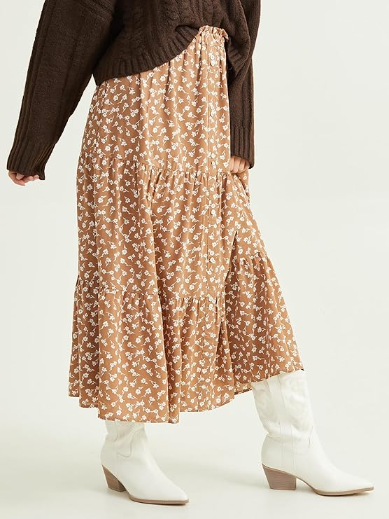 Altar’d State Double Floral Tiered Button Maxi Skirt – Earthy Brown, Elegant Flowy Maxi Skirt for Women