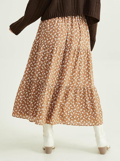 Altar’d State Double Floral Tiered Button Maxi Skirt – Earthy Brown, Elegant Flowy Maxi Skirt for Women
