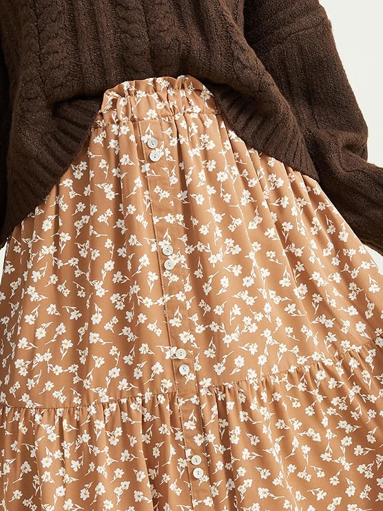 Altar’d State Double Floral Tiered Button Maxi Skirt – Earthy Brown, Elegant Flowy Maxi Skirt for Women
