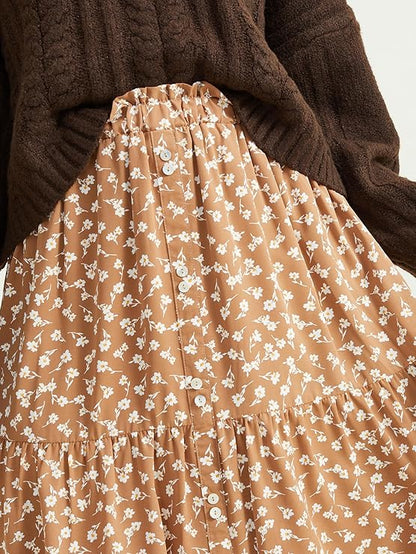 Altar’d State Double Floral Tiered Button Maxi Skirt – Earthy Brown, Elegant Flowy Maxi Skirt for Women
