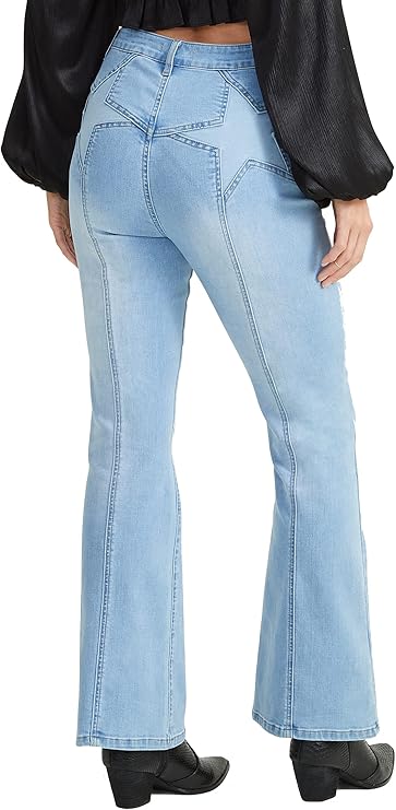 Altar’d State Kayla High-Waisted Star Print Flare Jeans – Light Wash Blue Denim