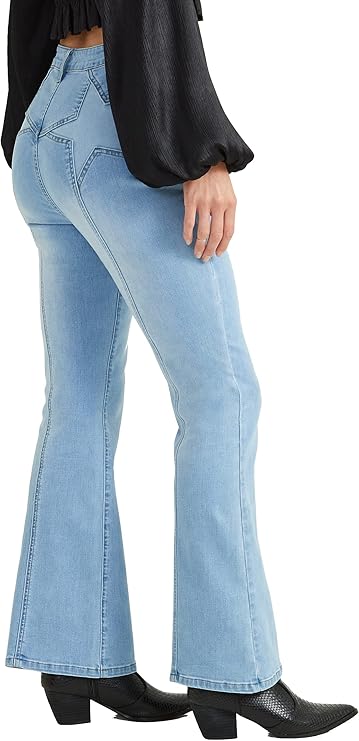 Altar’d State Kayla High-Waisted Star Print Flare Jeans – Light Wash Blue Denim