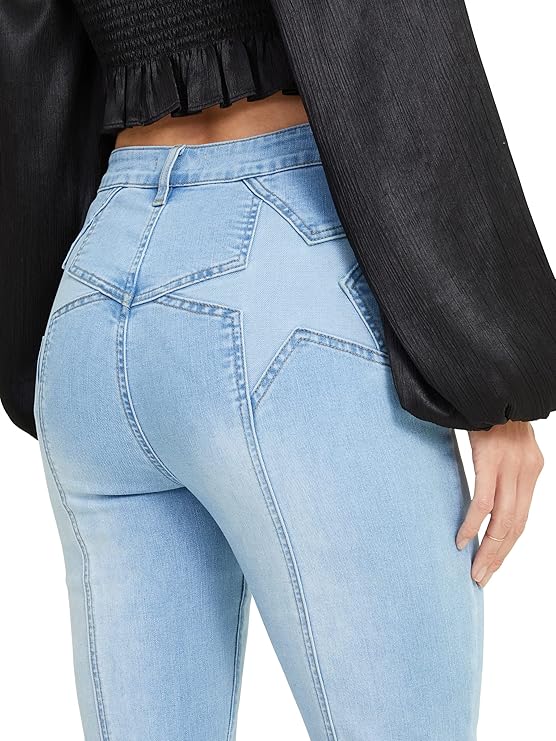 Altar’d State Kayla High-Waisted Star Print Flare Jeans – Light Wash Blue Denim