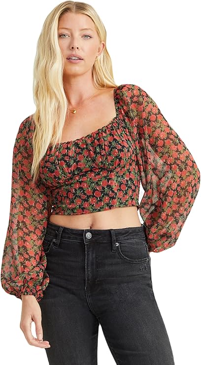Altar’d State Margot Long Sleeve Floral Square Neck Top – Black & Red