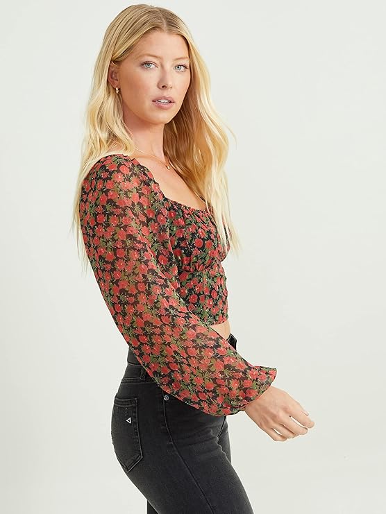 Altar’d State Margot Long Sleeve Floral Square Neck Top – Black & Red