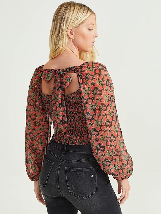 Altar’d State Margot Long Sleeve Floral Square Neck Top – Black & Red