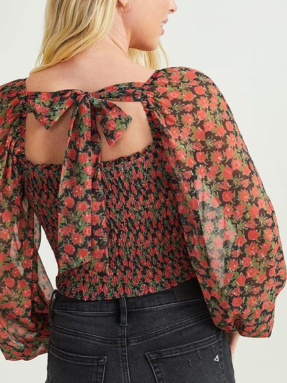 Altar’d State Margot Long Sleeve Floral Square Neck Top – Black & Red