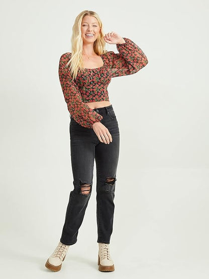 Altar’d State Margot Long Sleeve Floral Square Neck Top – Black & Red