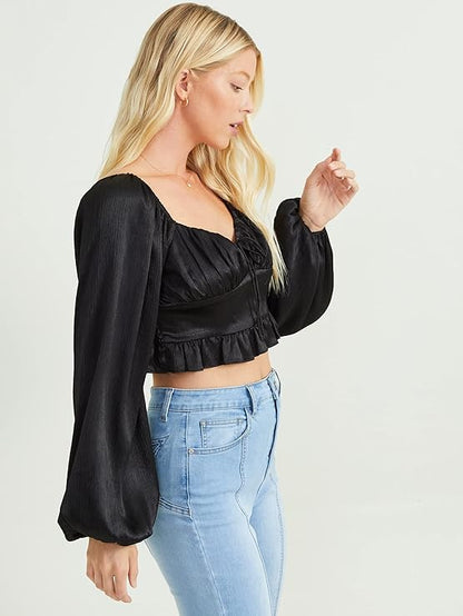 Altar’d State Grace Satin Long Sleeve Crop Top – Black