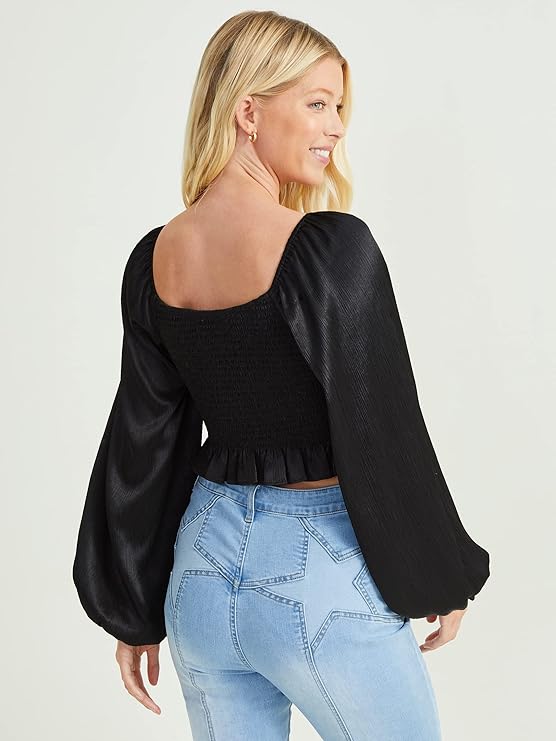 Altar’d State Grace Satin Long Sleeve Crop Top – Black