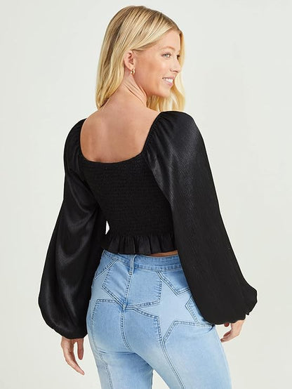Altar’d State Grace Satin Long Sleeve Crop Top – Black