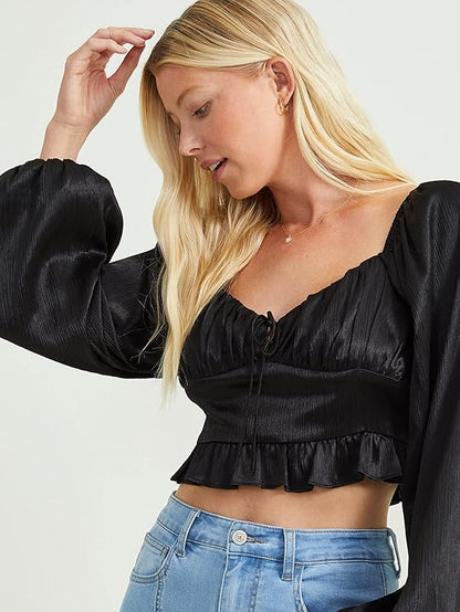 Altar’d State Grace Satin Long Sleeve Crop Top – Black