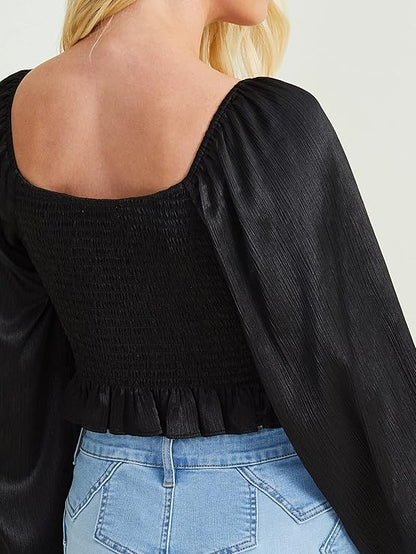 Altar’d State Grace Satin Long Sleeve Crop Top – Black