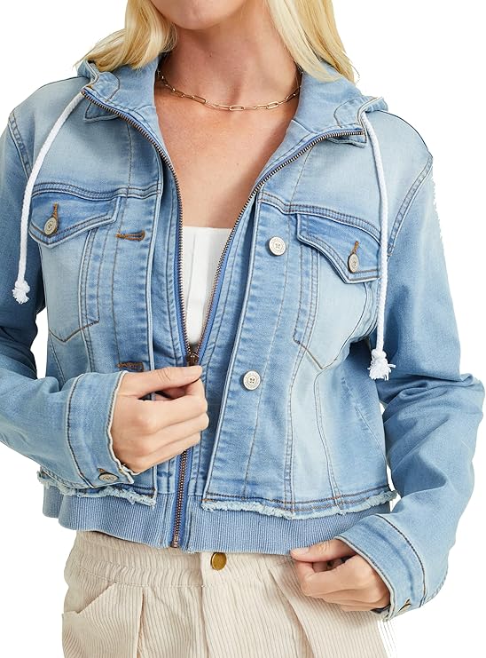 Altar’d State Rosey Denim Jean Jacket – Light Wash Cropped Zip Hoodie for Women